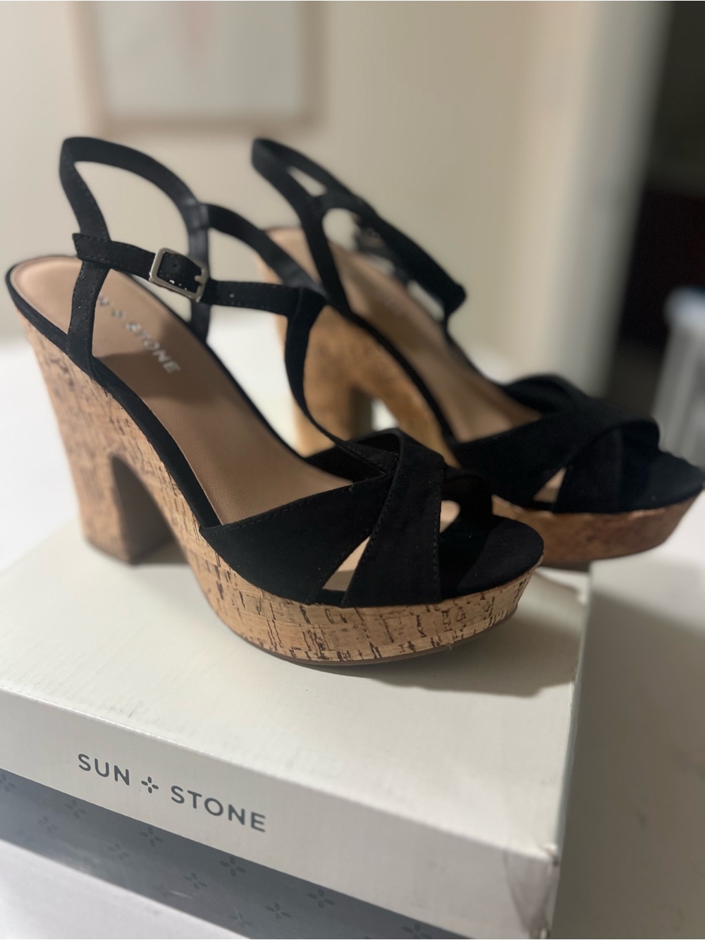 Sun + Stone Black Suede Cork Platform Sandals